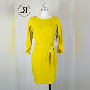 NWT Calvin Klein Bright Yellow Long Sleeve Pencil Dress With 3/4 Petal Sleeves